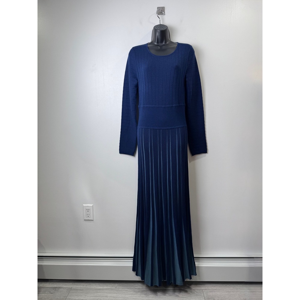 NWT Mare Mare Women Blue Knit Maxi Dress Long Sleeve Slim Ribbed Pleated Medium